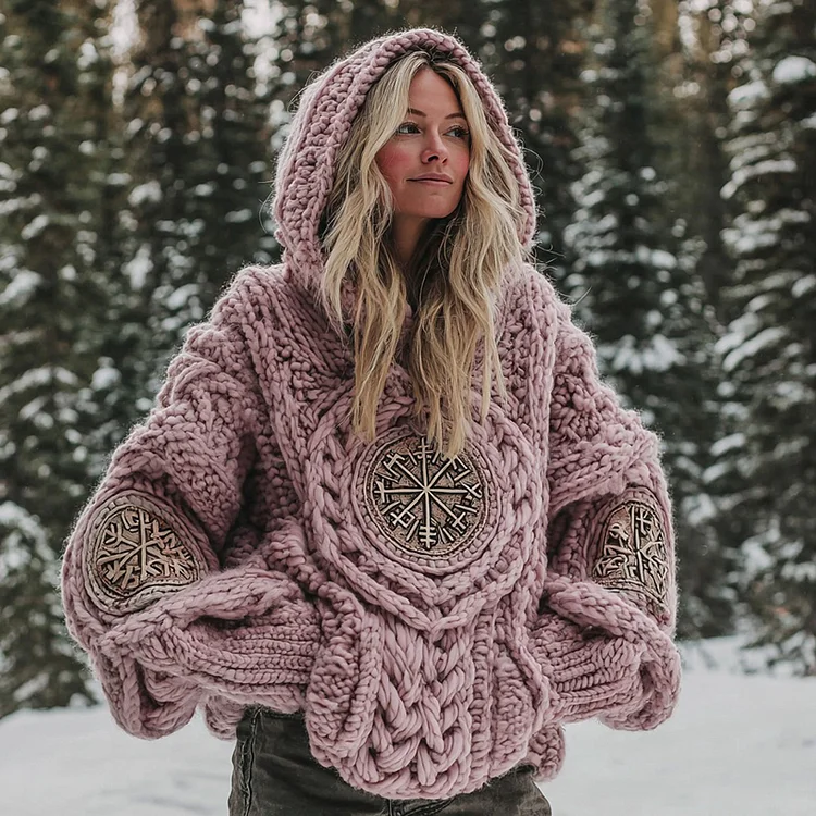 Women's Viking Vegvisir Rune Knit Hooded Sweater