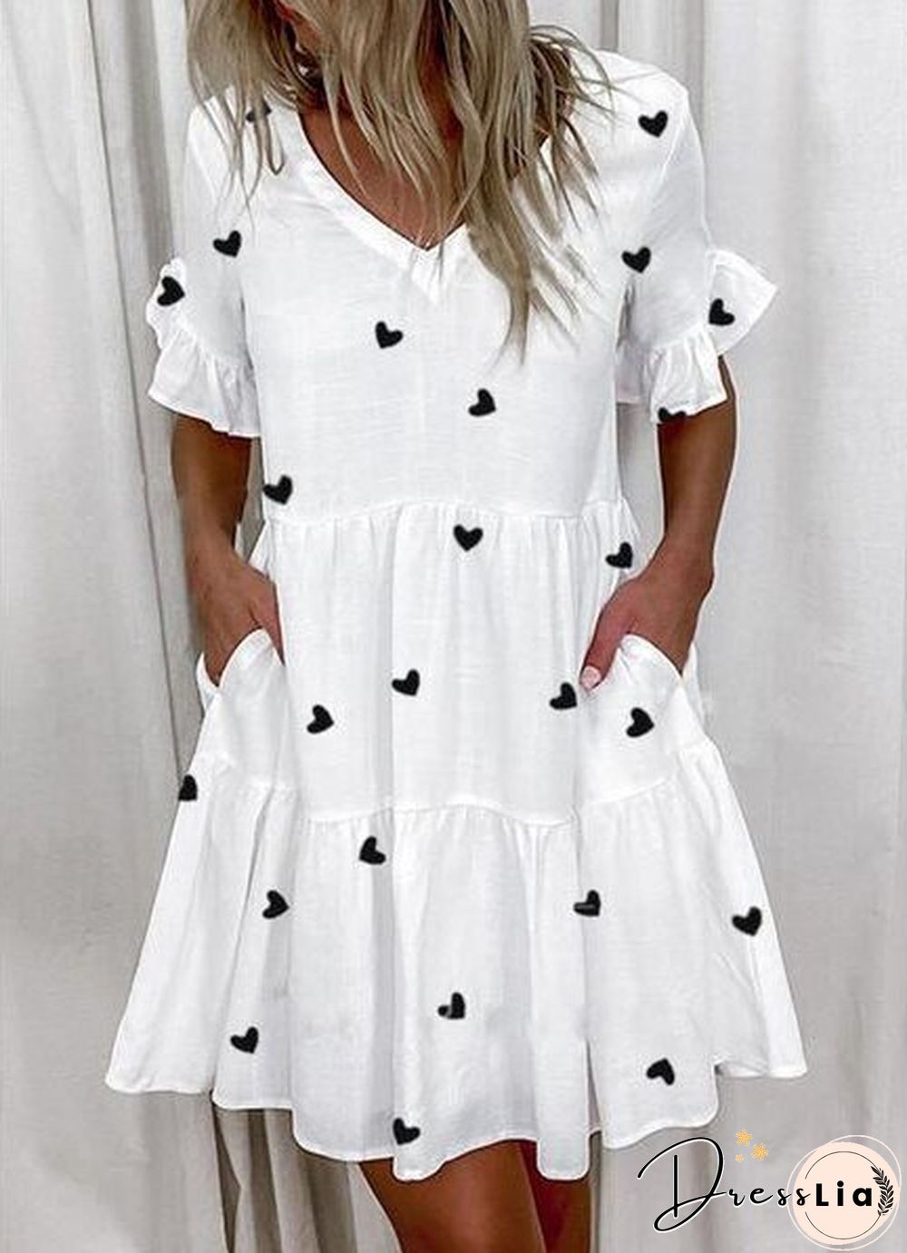 Printed Ruffle Pocket Dress Women Casual Loose Shoprt Sleeve Boho Vestidos Mujer