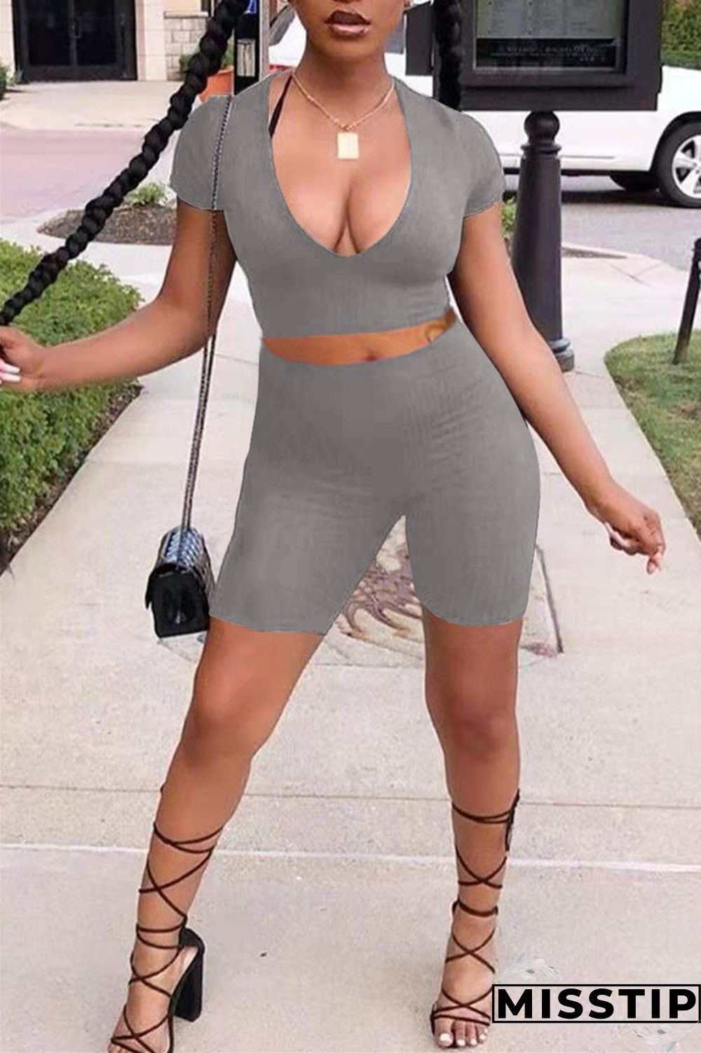 Orange Fashion Casual Solid Basic V Neck Short Sleeve Two Pieces