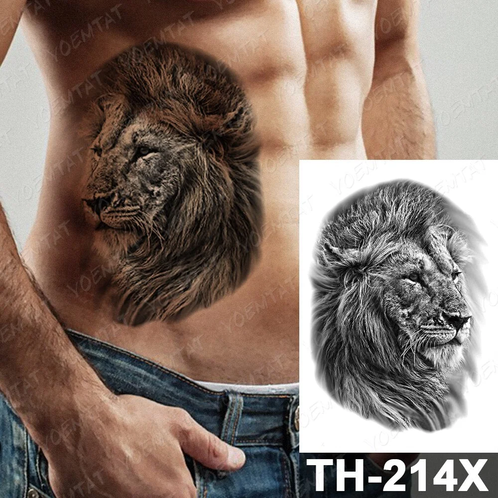 Roaring Lion Temporary Tattoo Sticker For Men Women Wolf Lightning Black Tiger Rose Waterproof Fake Henna Wild Animal Body Art