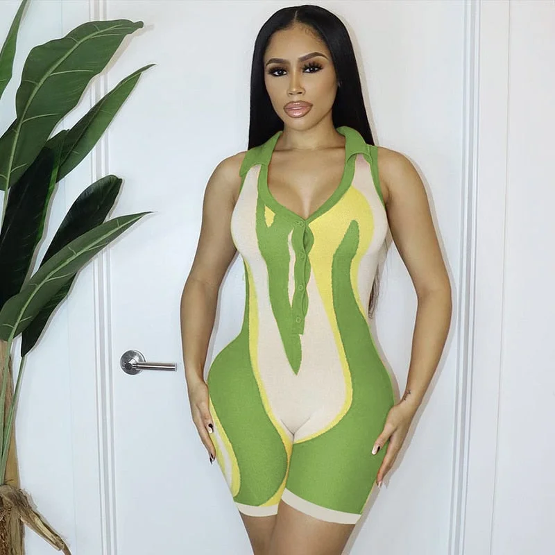 BIIKPIIK Color Match Knitted Playsuits Women Casual Fashion V Neck Sleeveless Turn Down Collar Button Up Outfits Bodycon Rompers