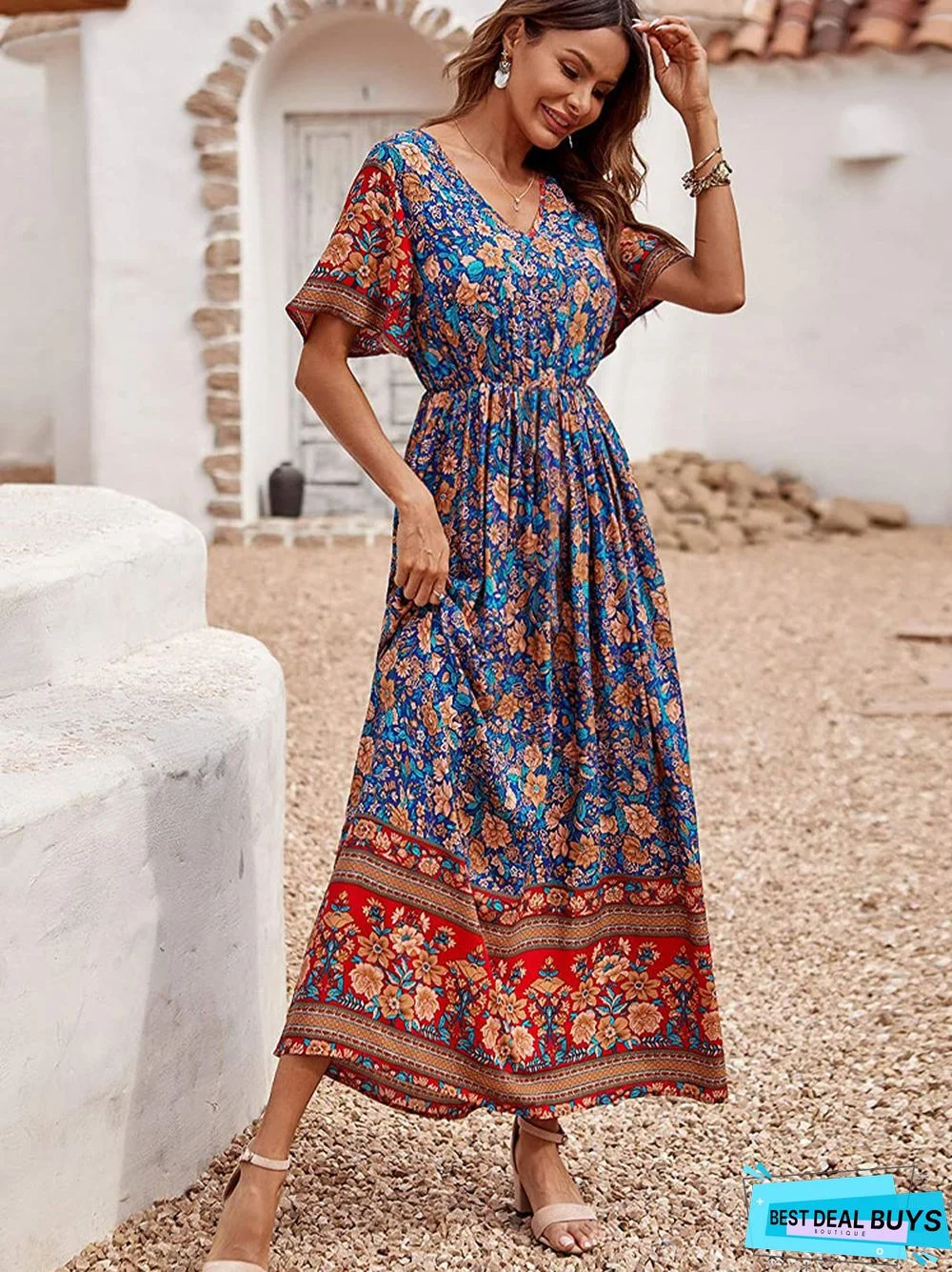 Bohemian Print V-neck Waist Dress Resort Beach Dress