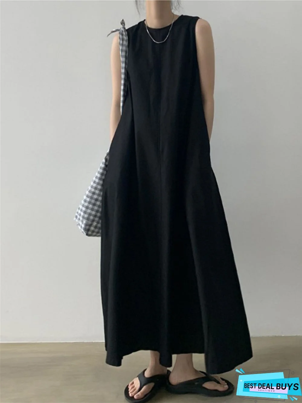 Simple Lazy Big Swing Loose Sleeveless A-Line Vest Slim Cotton and Linen Dress