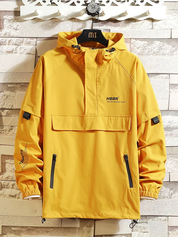 Men's Plain Half Zipper Multi-Pocket Windbreaker Hooded Jacket