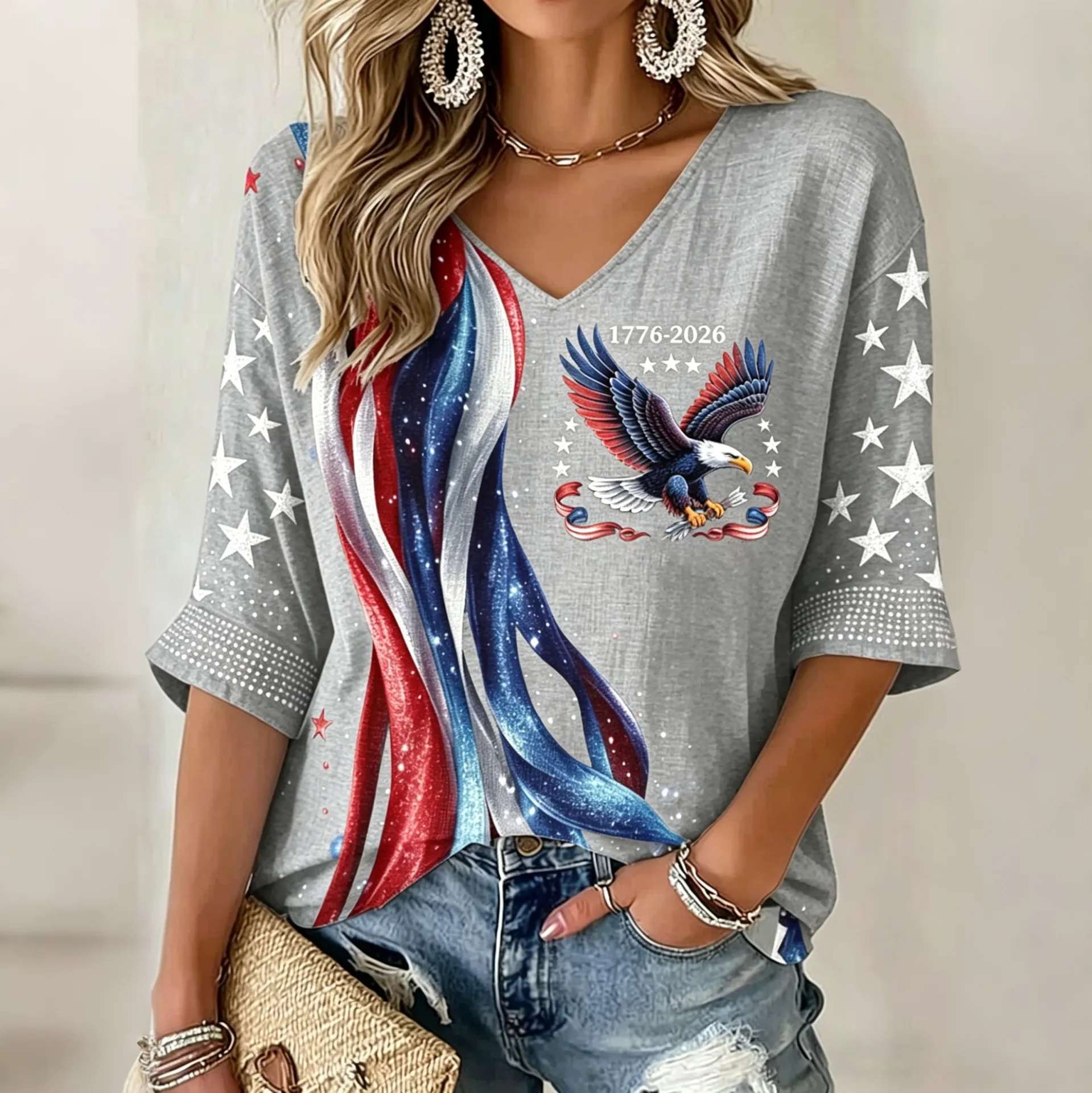  Women's Flag Floral Print V-neck Linen T-shirt Westsshops