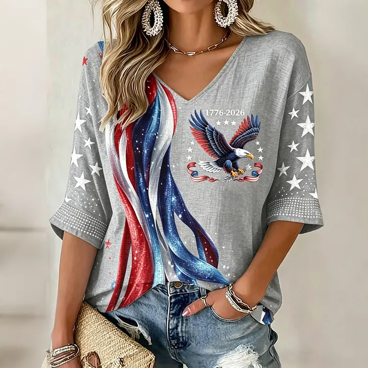 Women's Flag Floral Print V-neck Linen T-shirt