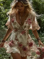 Women's Vintage Flowers Embroidery Art Short Sleeves Mini Dress