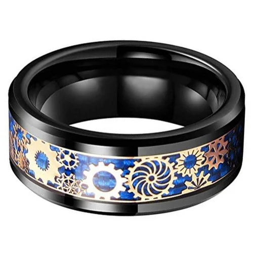 8MM Women's or Men's Tungsten Carbide Wedding Watches Gear Rings Black With Gold Watch Gear Resin Inlay Design Over