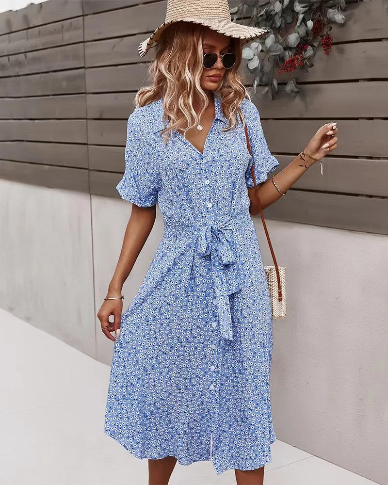 Ditsy Floral Tie Front Button Through Dress
