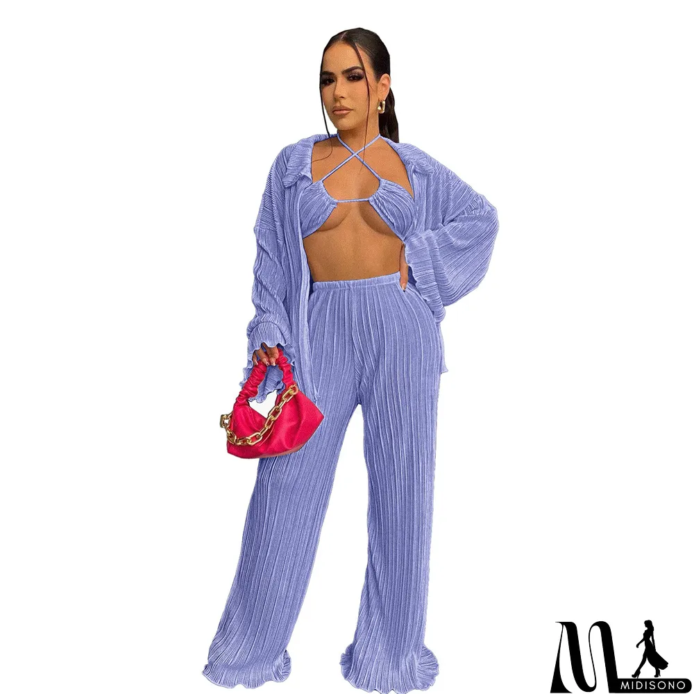 MidiSono - Fall Solid Color Wide Leg Pants Three-Piece Set