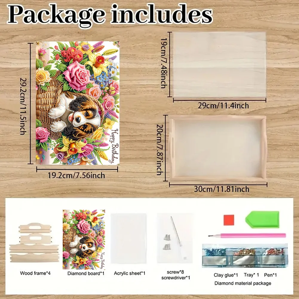 5D DIY Flower Dog Diamond Painting Wooden Serving Tray with Handle for Desk