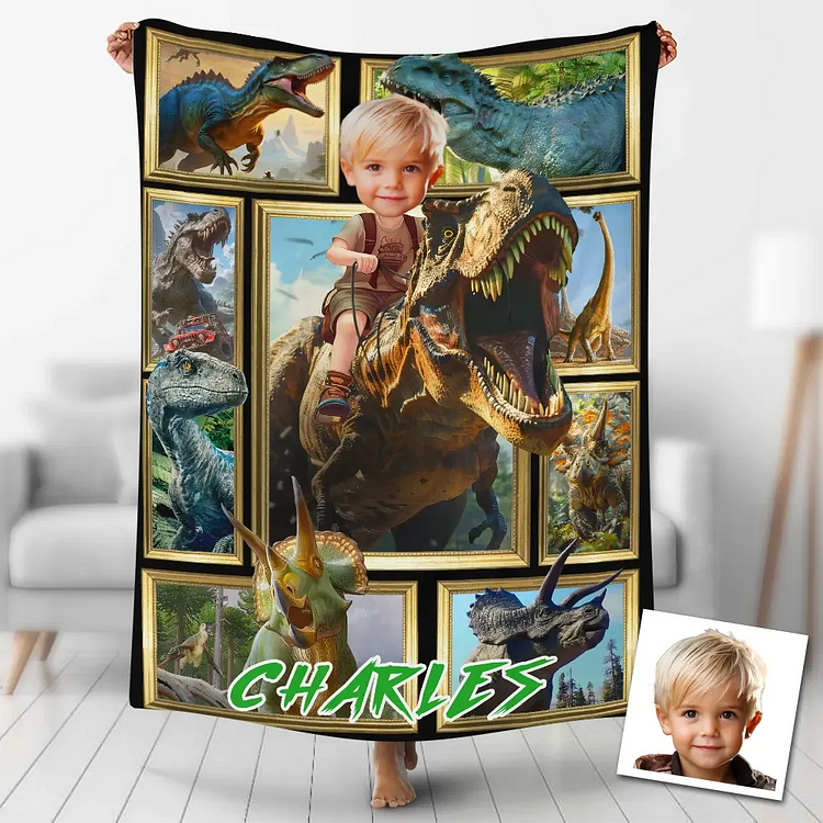 Custom Dinosaur Blankets Personalized Boy Riding Dinosaur Fleece Blanket