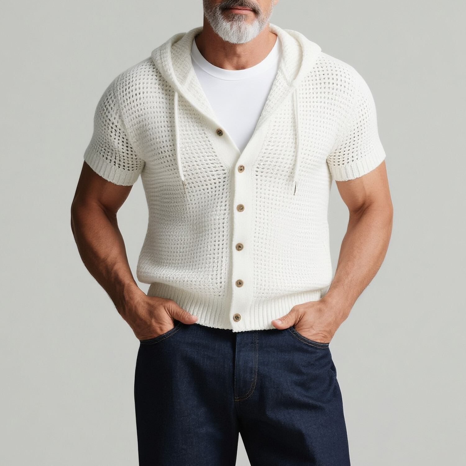 Men's Hollow Mesh Knit Button Front Short Sleeve Hooded Shirt