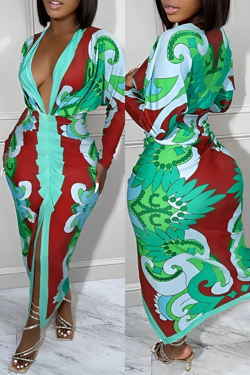 Sexy Casual Print Patchwork Slit Fold V Neck Long Sleeve Dresses