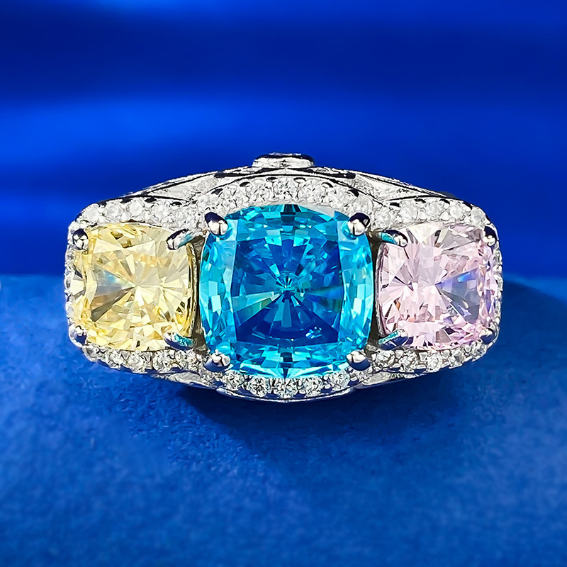MIKAMU Jewelry 2 Carat Colorful Diamond Ring for Women - Unique Yellow, Blue, and Pink Full Micro-Set Design