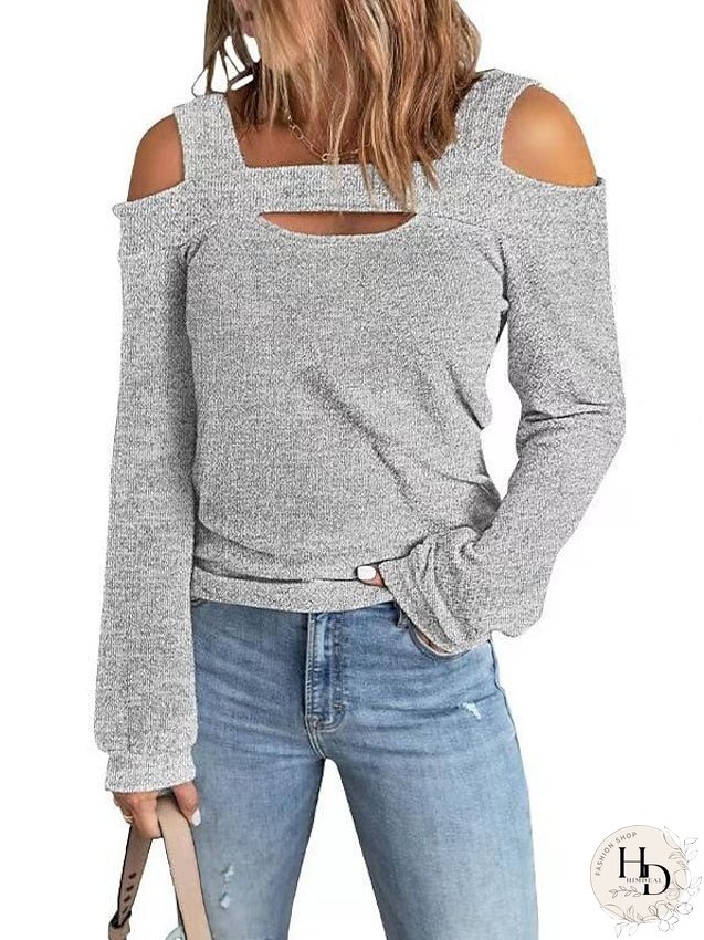 Blouse Hollow Out Plain Basic Off Shoulder Standard Spring & Fall Black Pink Red khaki Grey for Women