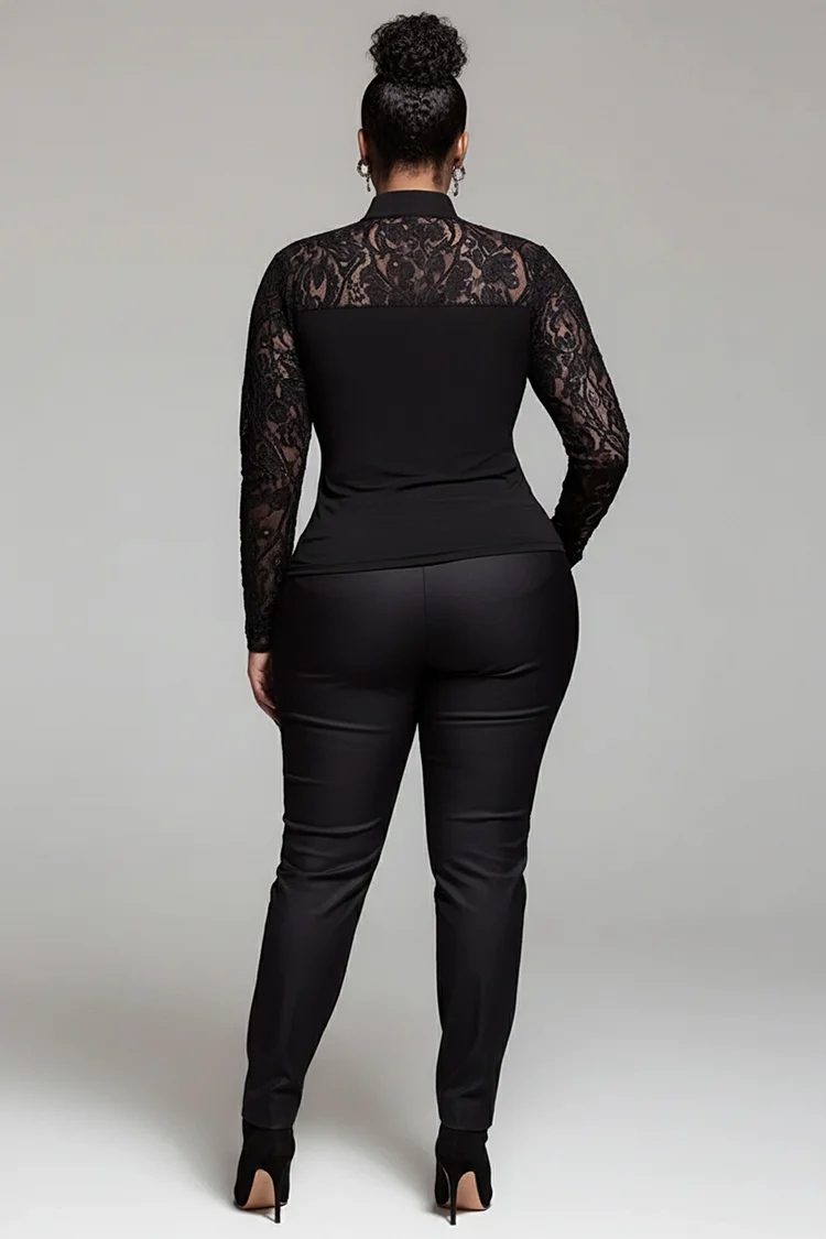 Xpluswear Design Plus Size Daily Black Mock Neck Long Sleeve See Through Casual Zipper Lace Blouses [Pre-Order]