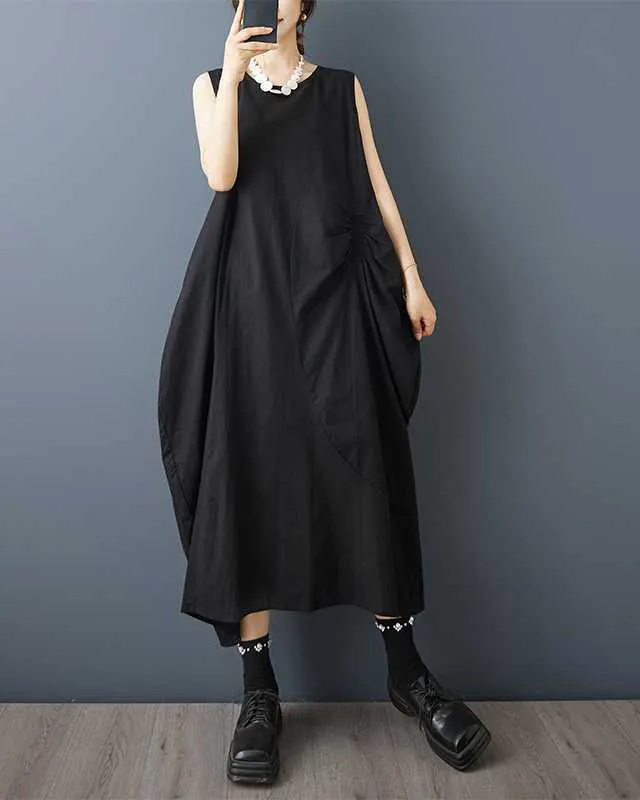 Ruched Detail Sleeveless Round Neck Loose Maxi Dress
