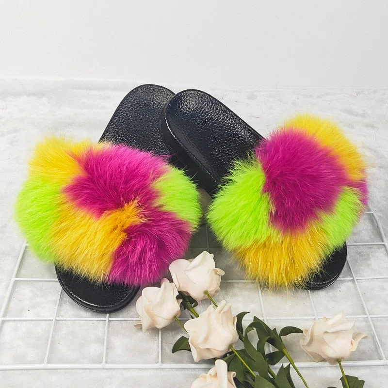 Hot Sales Girl's Mixed Colors Fluffy Fur Slippers Women Plush Warm Fur Home Slides Ladies Amusing Furry Flat Flip Flops Custom
