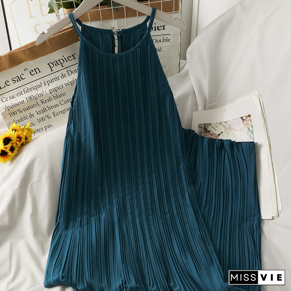 Dress Women Summer Retro Simple Chic Loose Off Shoulder Pleated Dresses Female Midi Sundress Trendy Sleeveless Vestidos Daily