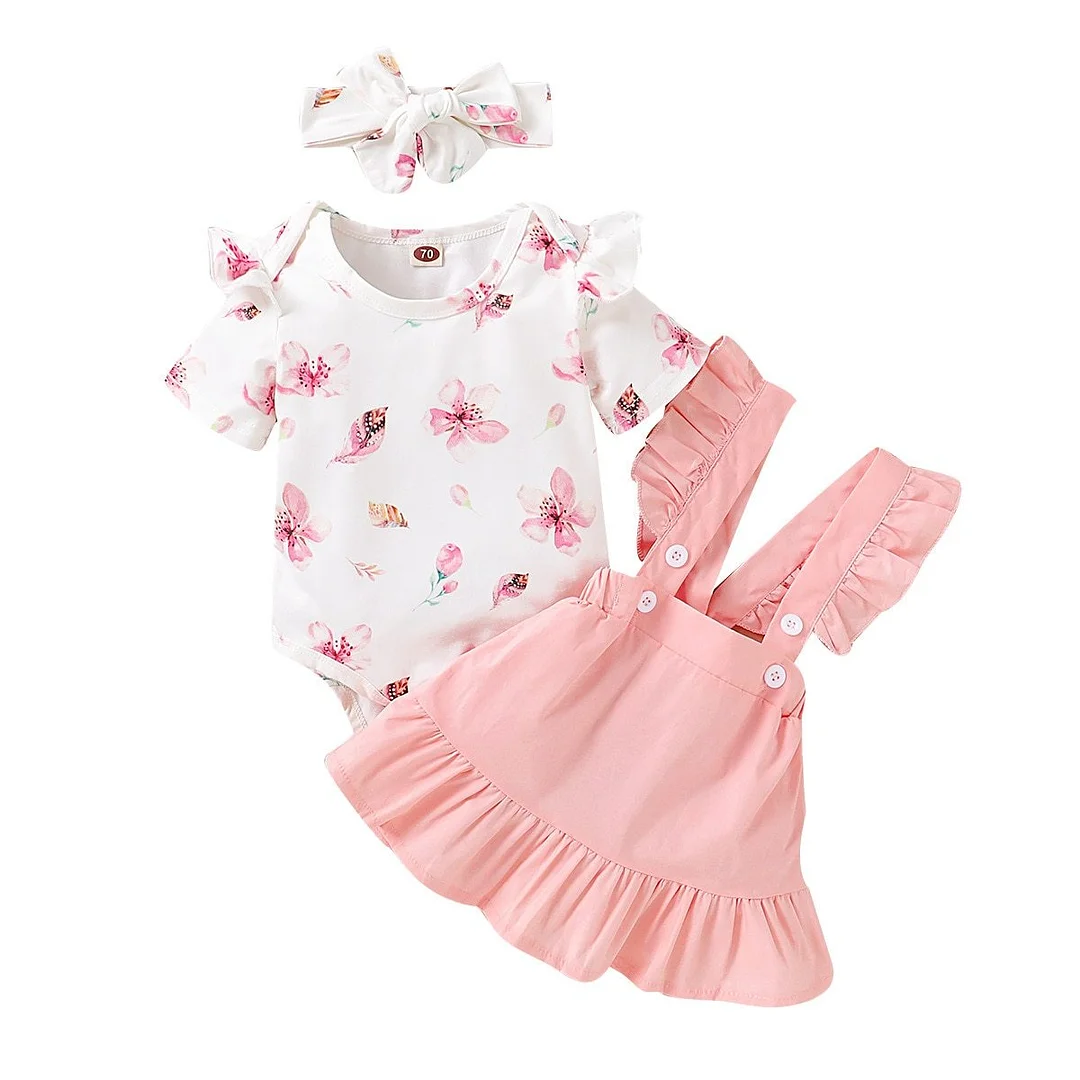 Newborn Infant Baby Girl Skirt 3Pcs Outfit  Suit Fashion Floral Short Sleeve Jumpsuit Solid Color Suspender Skirt and Headband