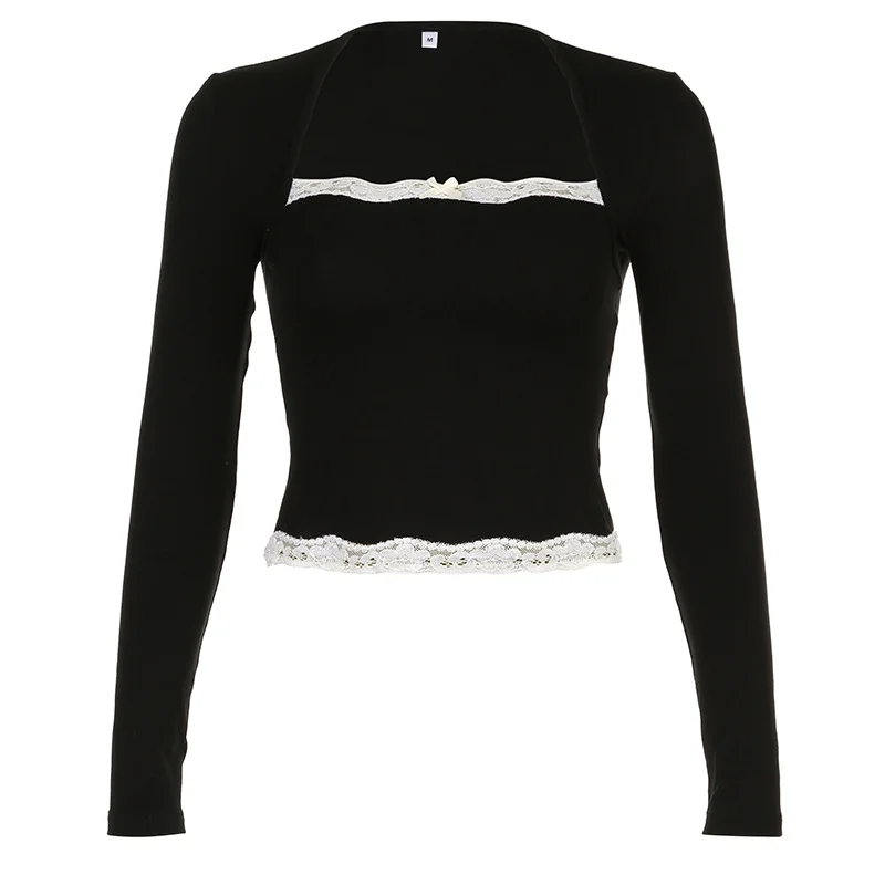 Ueong Desire Atmosphere Impact Color Lace Splicing Square Collar Slim Fake Two Jackets T-Shirt 2023 New Style