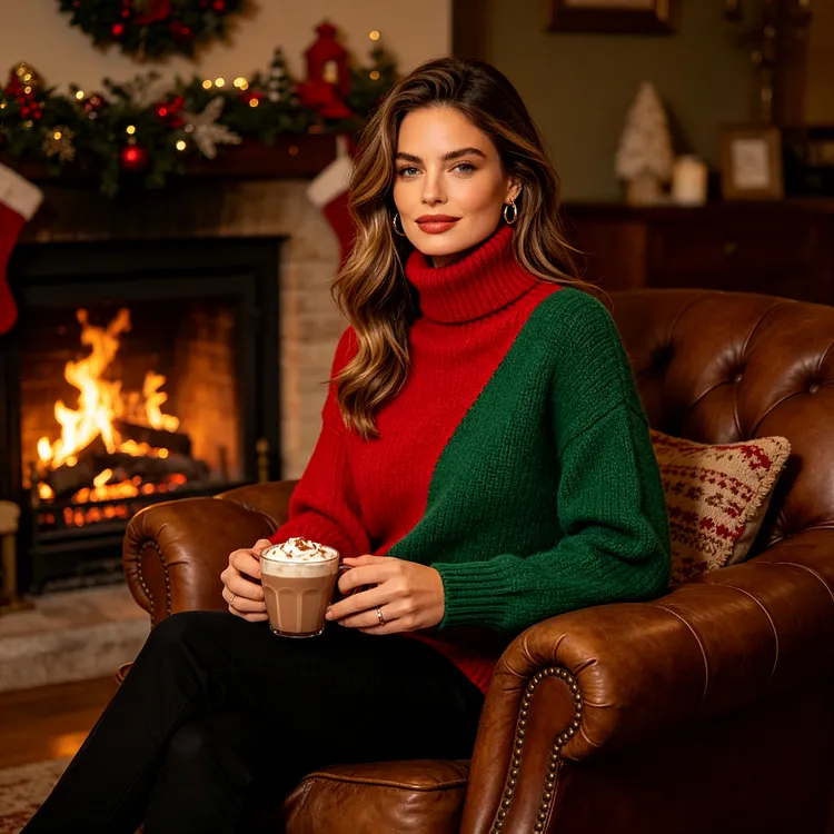 Red Green Colorblock Turtleneck