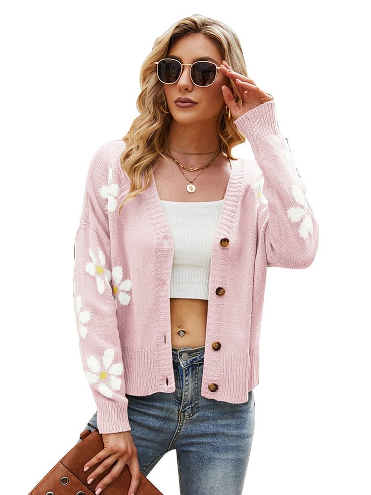 Mayoulove Sweater Jackets For Women Knit Floral Print Single-breasted Loose Sweater Cardigan-Mayoulove