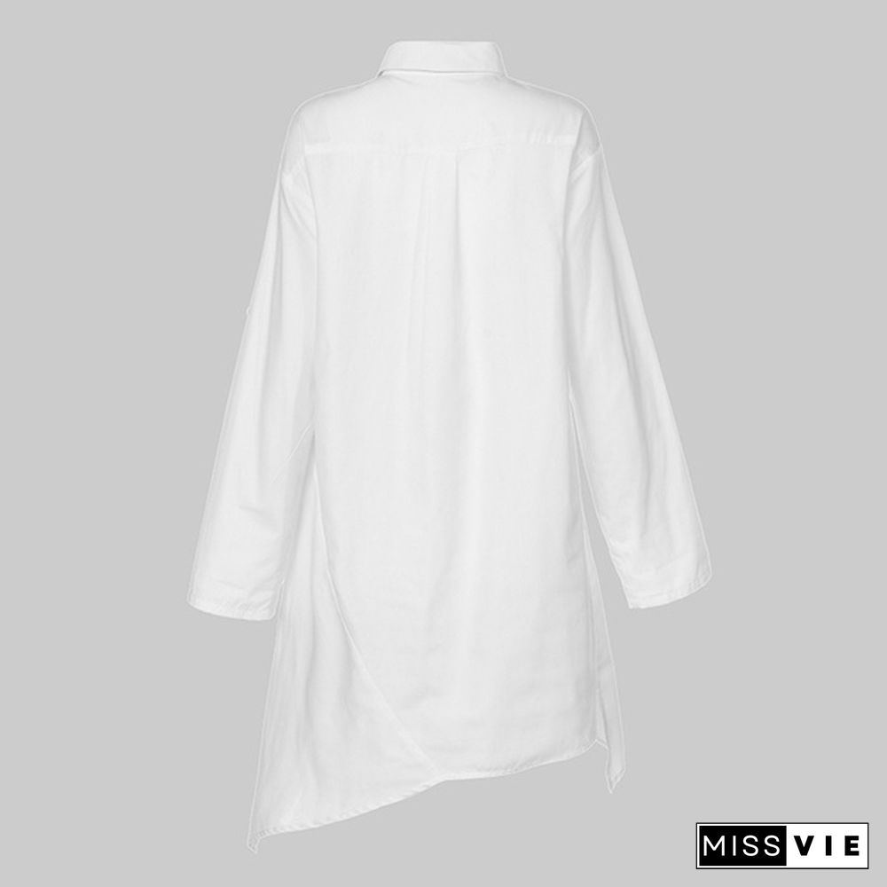 Womens Autumn Casual Long Shirt Irregular Hem Sleeve Turn Down Collar Loose Blouse Plus