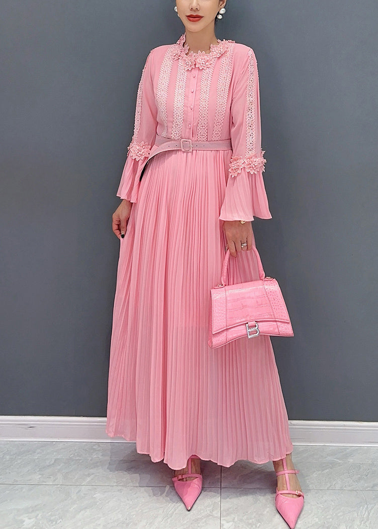 VCSHOES Pink Wrinkled Lace Patchwork Maxi Dress Flare Sleeve