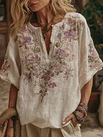 Women's Floral Embroidery Art V Neck Comfy Shirt