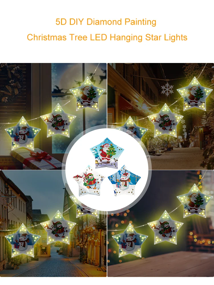 5D DIY Diamond Painting Christmas Tree Ornaments LED Hanging Star Lights