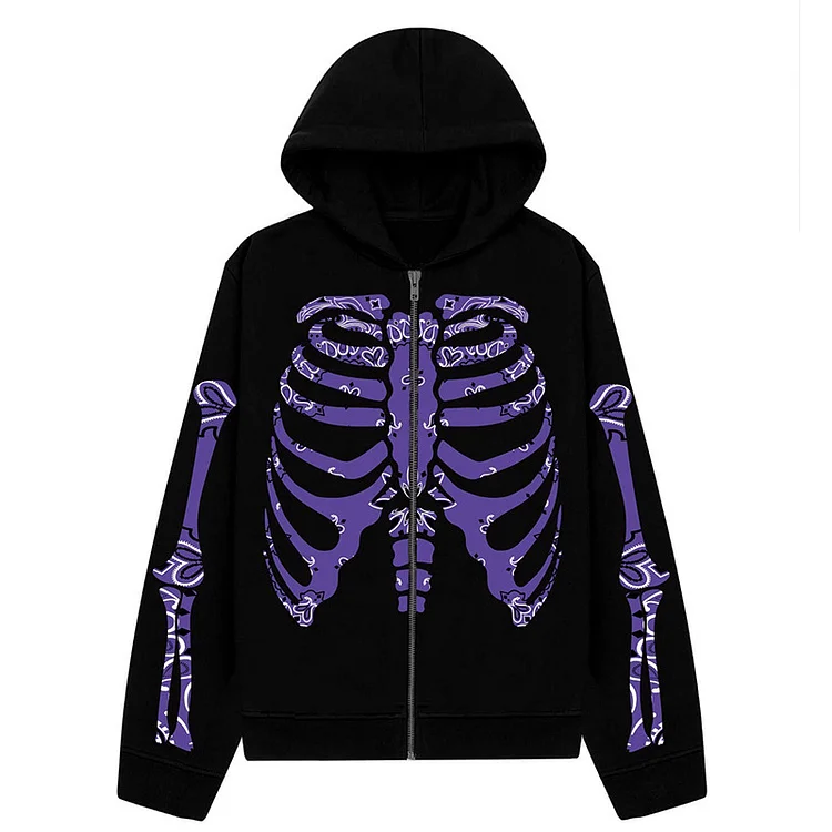 Y2K Skeleton Sweatshirt Zip Up Hoodie Long Sleeve Street Jacket at Hiphopee