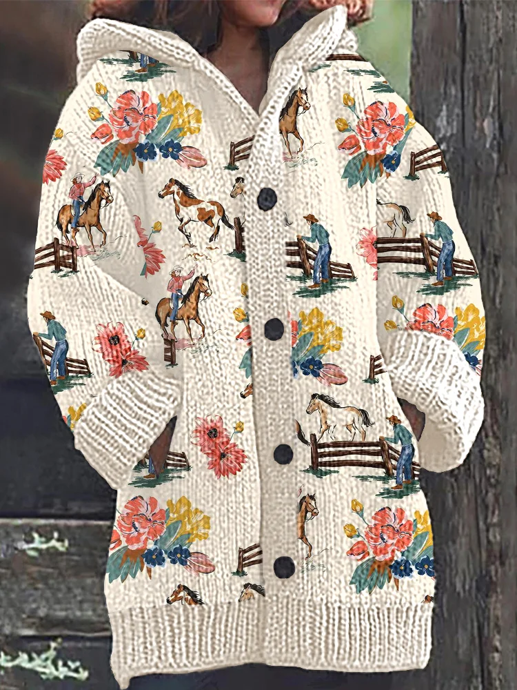 VChics Western Cowboy & Floral Pattern Cozy Knit Hooded Cardigan