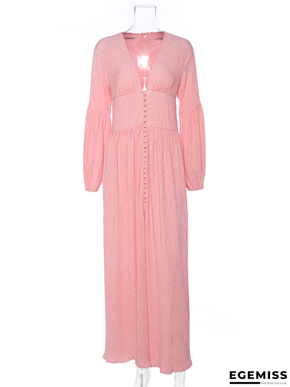 French Retro V-Neck Long Skirt Waist Fold Loose Dress | EGEMISS