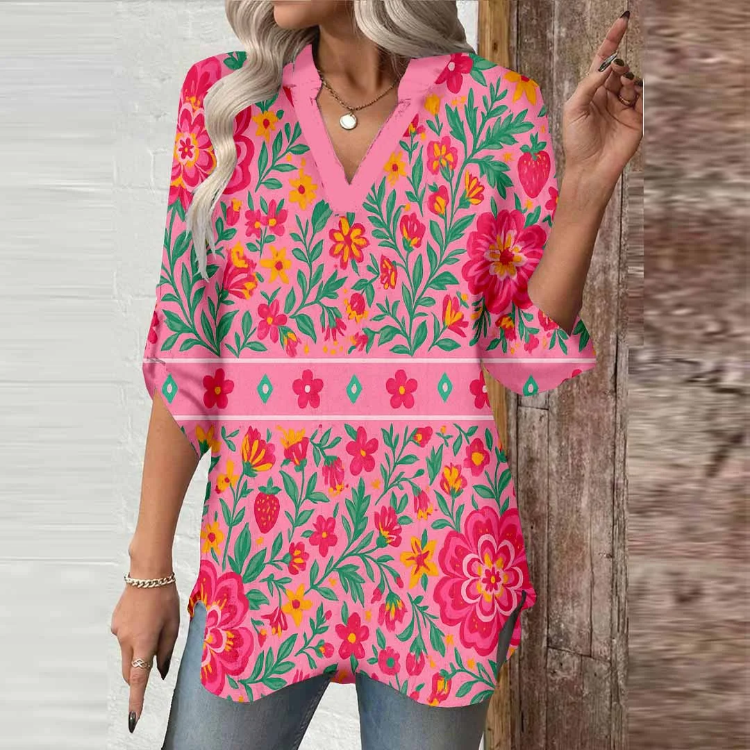 Women Floral, Rose, Gray DZGA0188 3/4 Sleeve V-neck Printed Graphic Button Tops