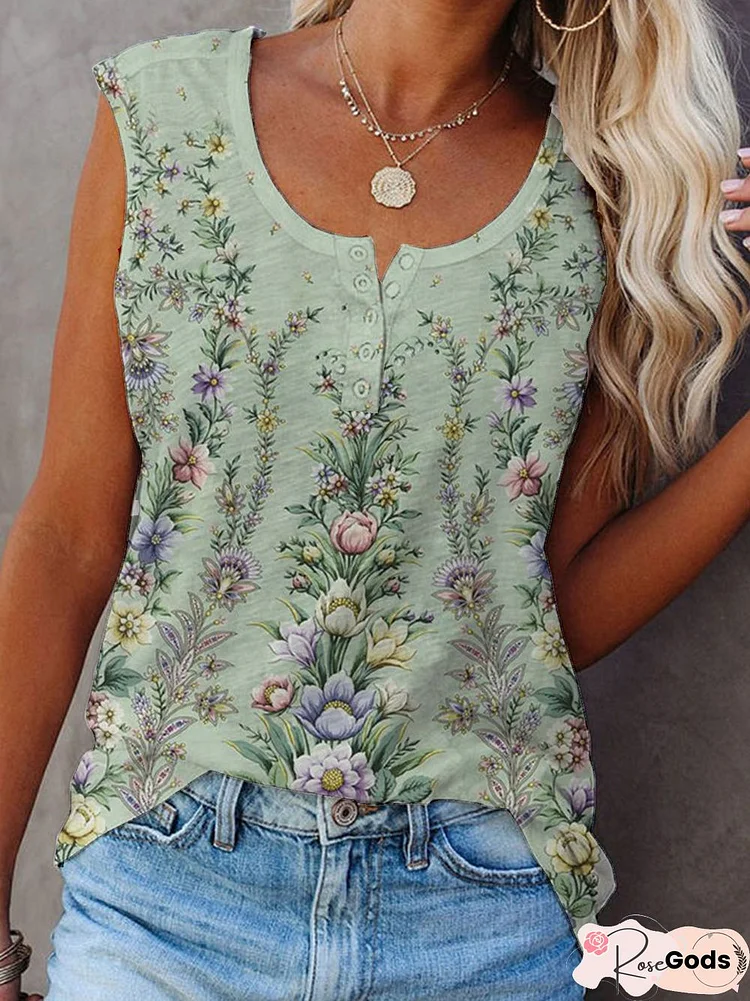 Buttoned Regular Fit Floral Sleeveless-Shirt