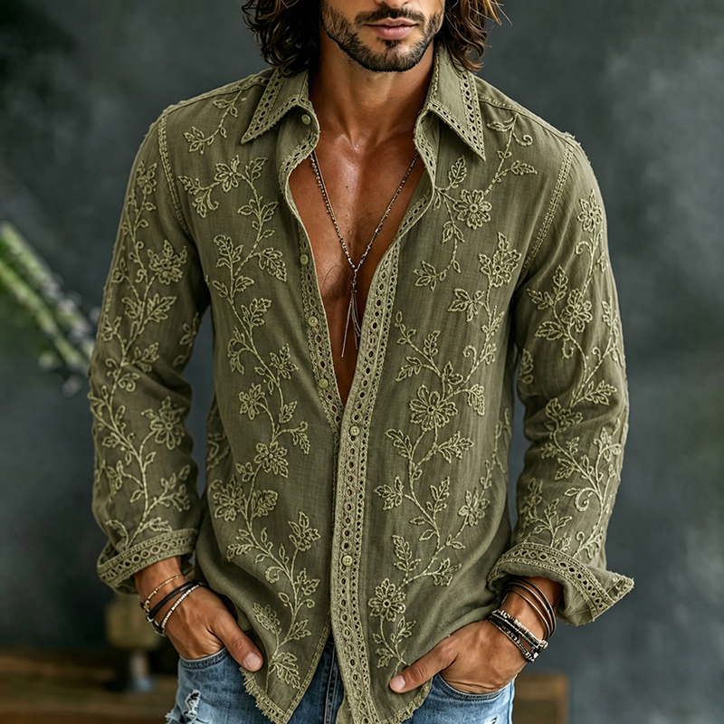 Comstylish Men's Vintage Floral Art Cotton Linen Long-sleeved Shirt