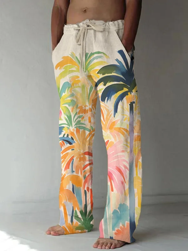 Men's Colorful Watercolor Palm Trees Print Casual Casual Pants