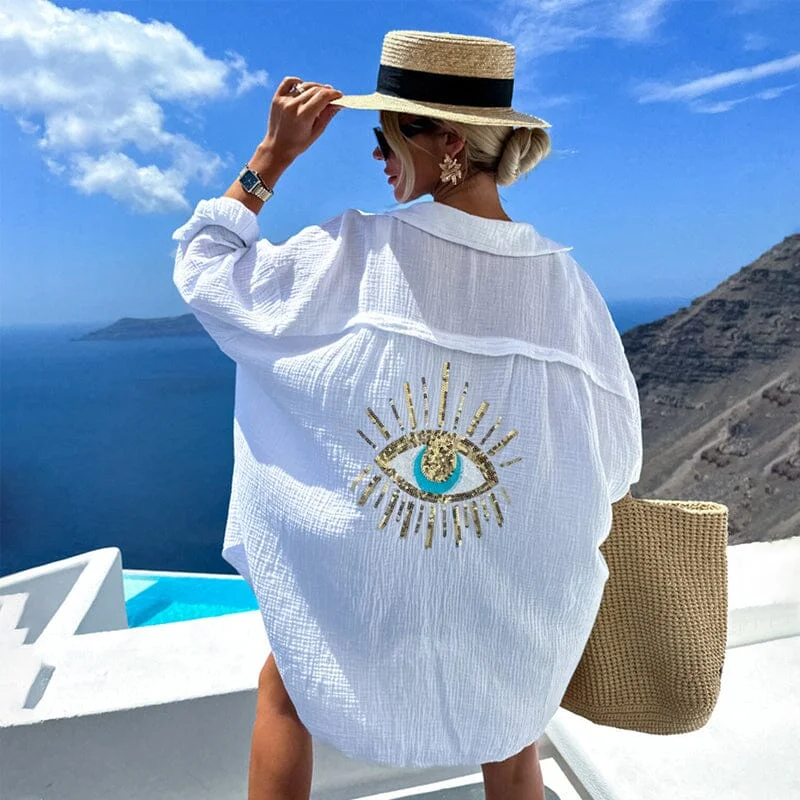 Evil Eye Casual Sequin Beaded Shirt