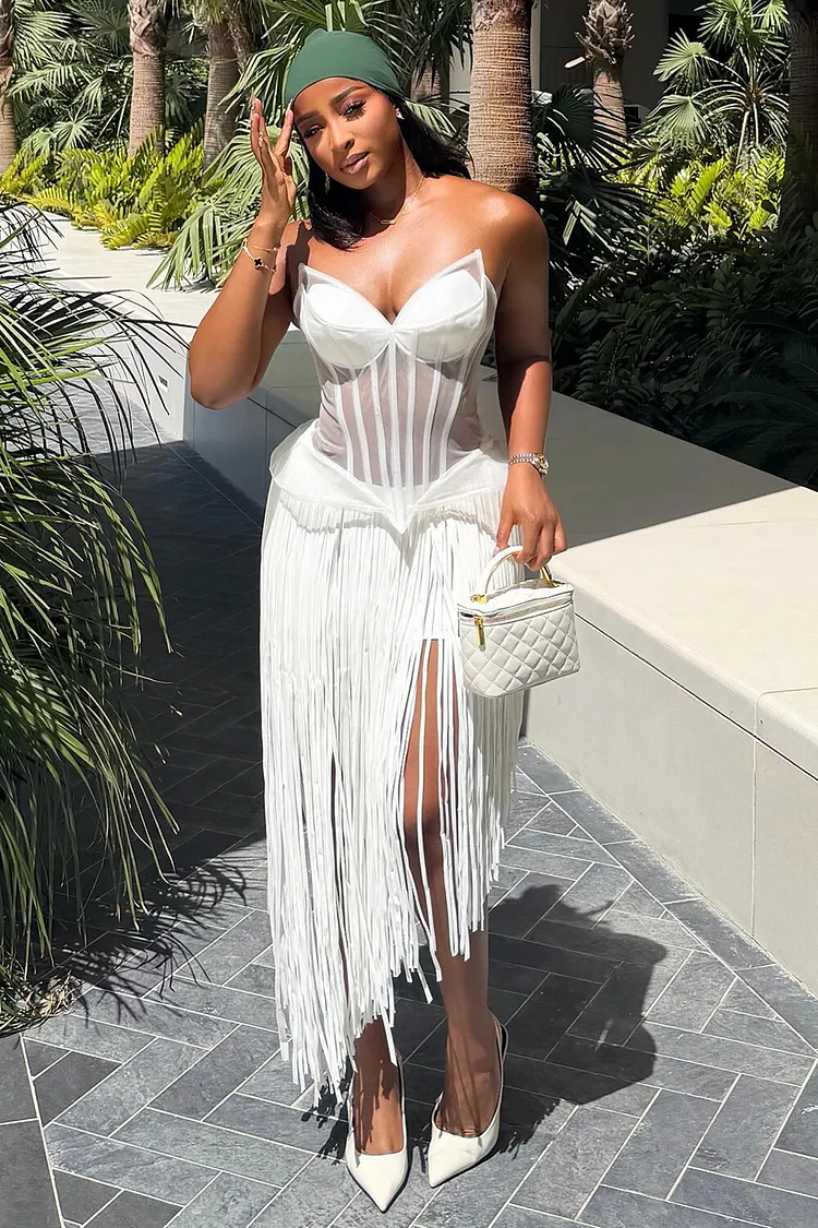 corset mesh midi dress Strapless Patchwork Fringe Party Dresses-White [Pre Order] Size:38x32 Light Yellow Satin Sheath fabric: fine shine One shoulder This dress features a