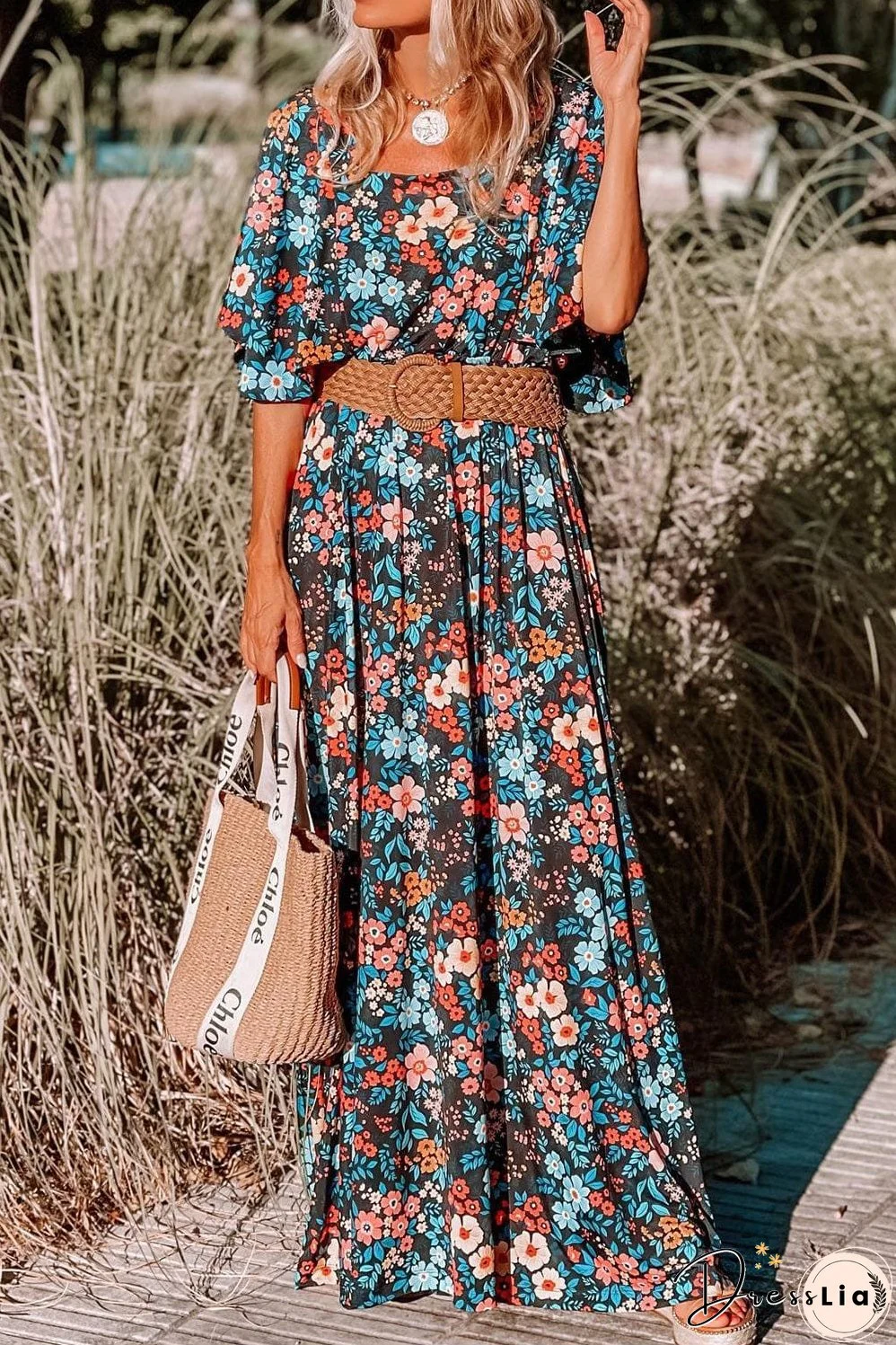 Floral Bohemian Maxi Dress with Knotted Back Detail