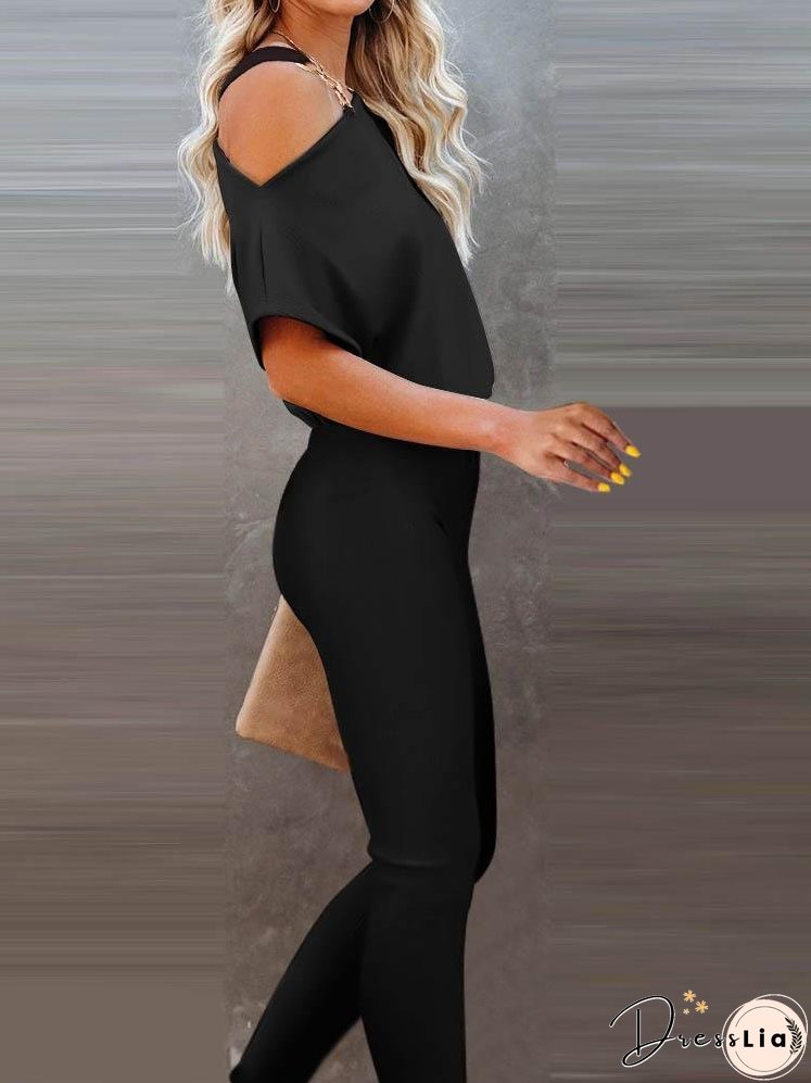 One Shoulder Chain Strap Short Sleeve Jumpsuit for Women