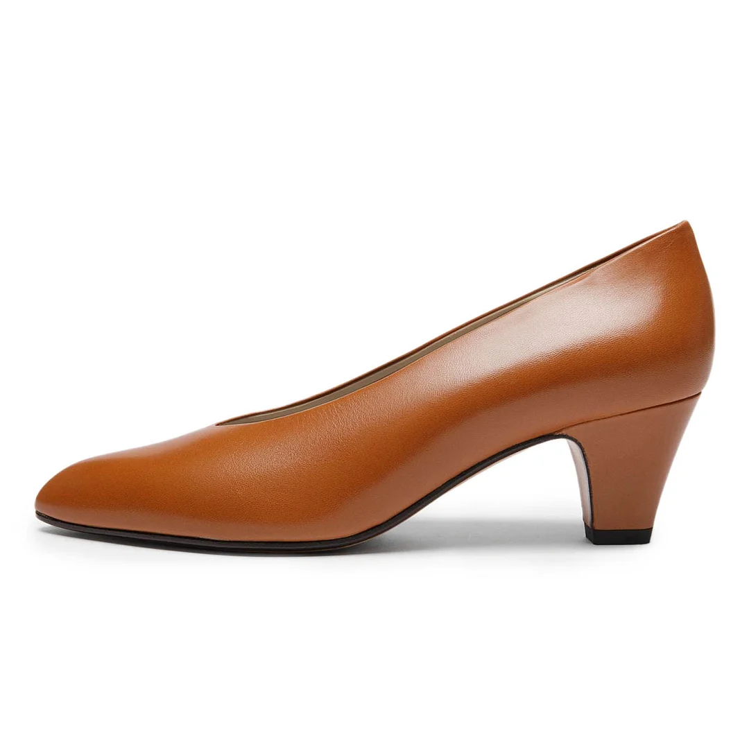 Women's Tan Slip-On Chunky Heel Pointed Toe Classic Pumps Shoes