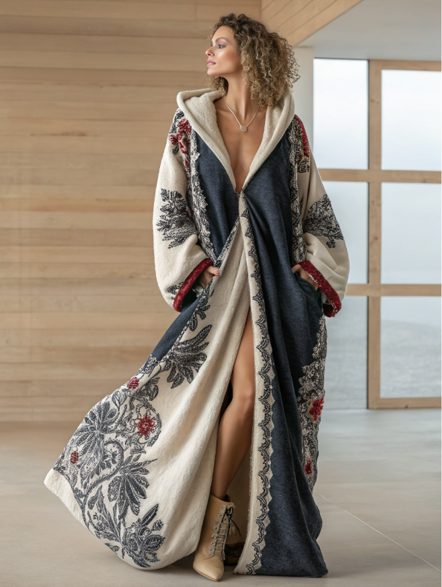 Women's Autumn and Winter Flannel V-Neck Hooded Cardigan Robe