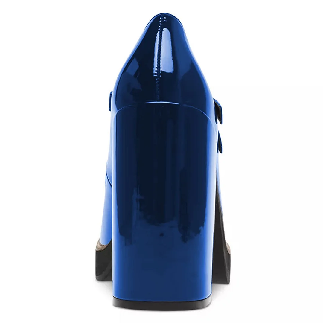 Blue Square Toe Double Buckle Strap Mary Jane Platform Shoes