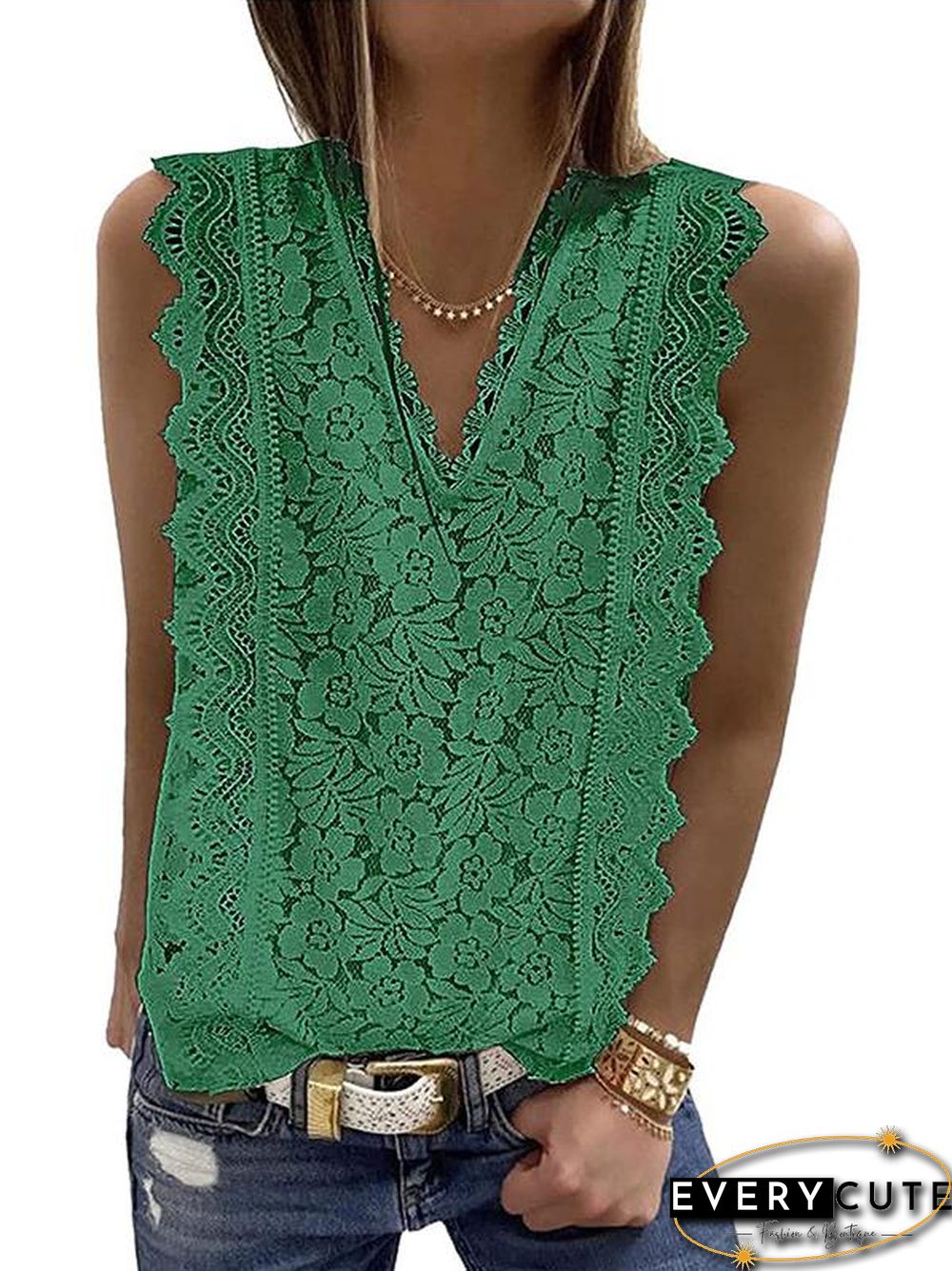 V Neck Ruffled Lace Hollow Shirt