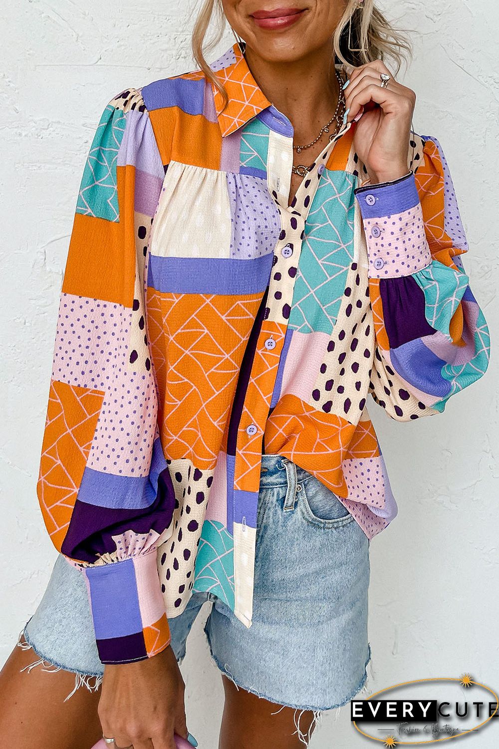 Multicolor Mixed Print Button Front Cuffed Sleeve Shirt