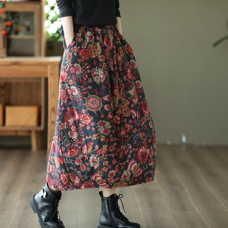 Ethnic Style Padded Quilted Printed Skirt