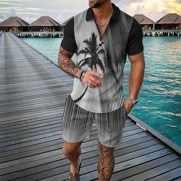 BrosWear Coconut Print Gradient Short Sleeve Polo Shirt And Shorts Co-Ord